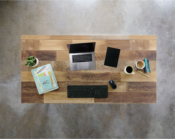 overhead view of standing work table in reclaimed wood finish