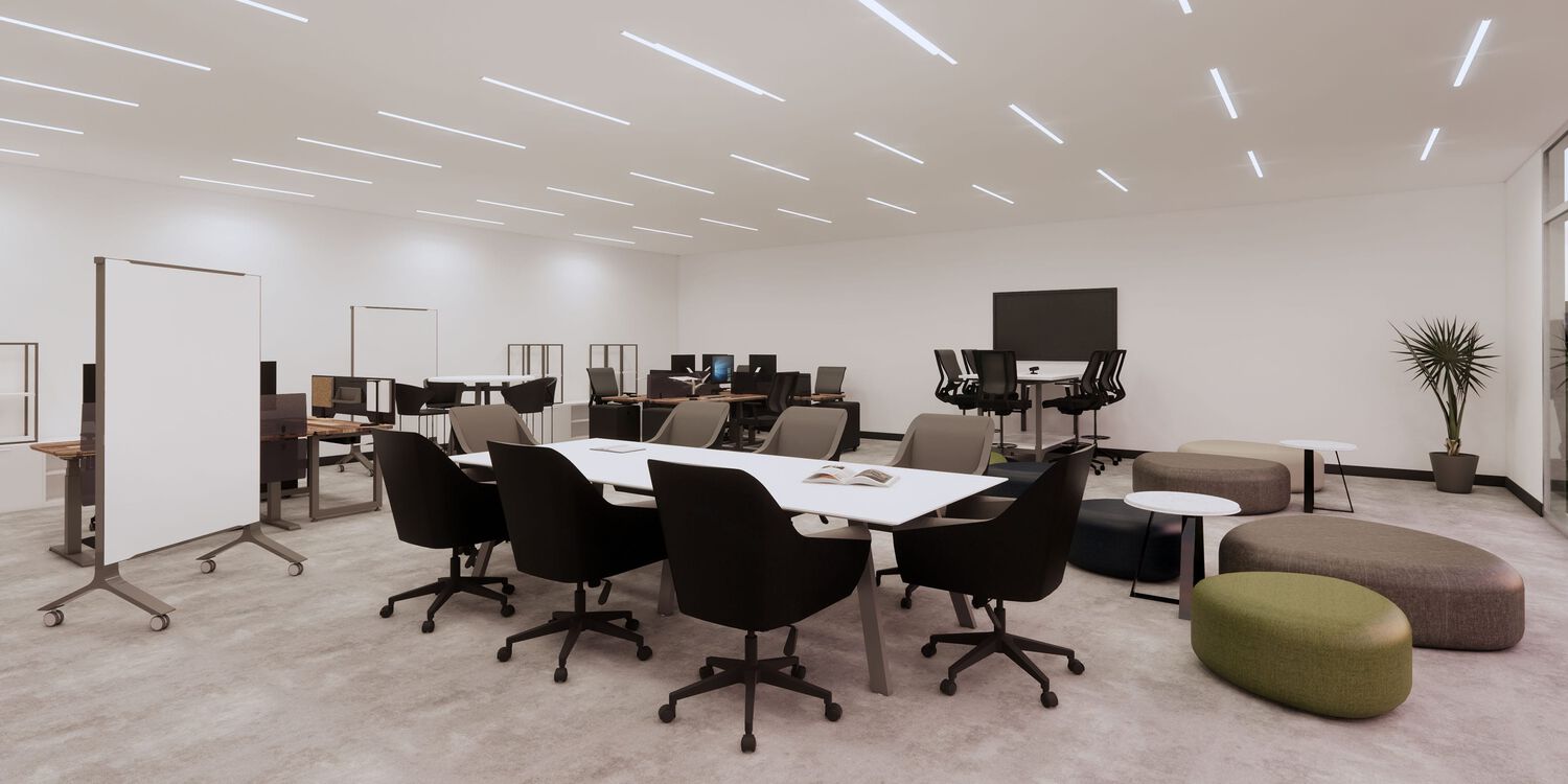 open office setup with meeting rooms