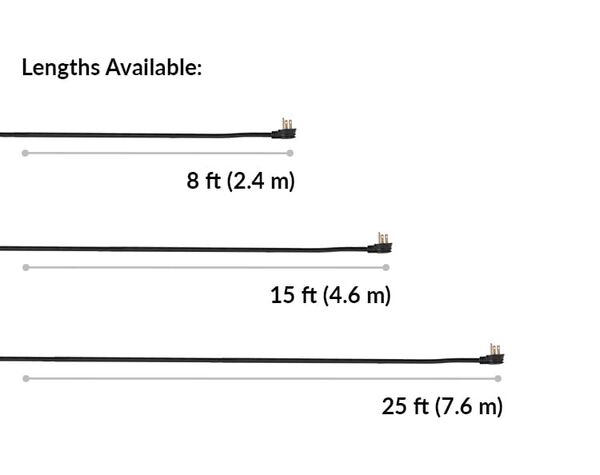 vari power strip cord legths available in 8 feet, 15 feet, and 25 feet