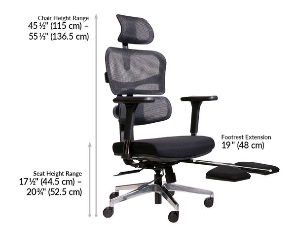 vari task chair adjusts up to 45 and a half inches tall and seat height goes to 17 and a half inches tall