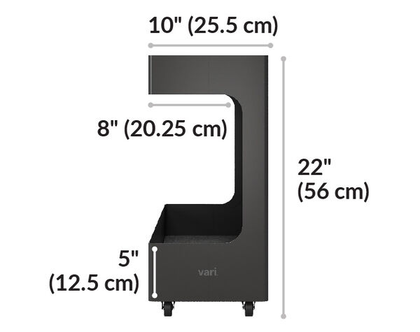 vari mobile cubby is 10 inches wide and 22 inches tall from bottom of wheels to the top
