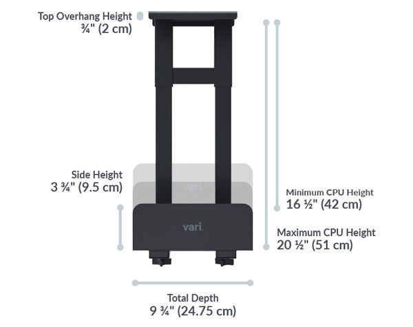 Front view of a Vari PC desk mount with labeled dimensions: top overhang height ¾" (2 cm), side height 3¾" (9.5 cm), total depth 9¾" (24.75 cm), CPU height range 16½"–20½" (42–51 cm).