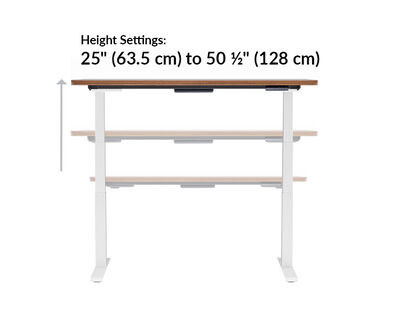 The base of the Electric Standing Desk with ComfortEdge™ 60x30 walnut goes from 25 inches to 50.5 inches tall