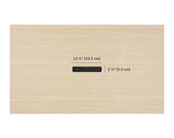 the standing conference table features a center grommet that has a length of 13 1/4 inches long and width of 2 1/4