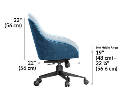 upholstered desk chair is 22 inches tall and 22 inches deep. Seat height ranges from 19 to 22 and a quarter inches