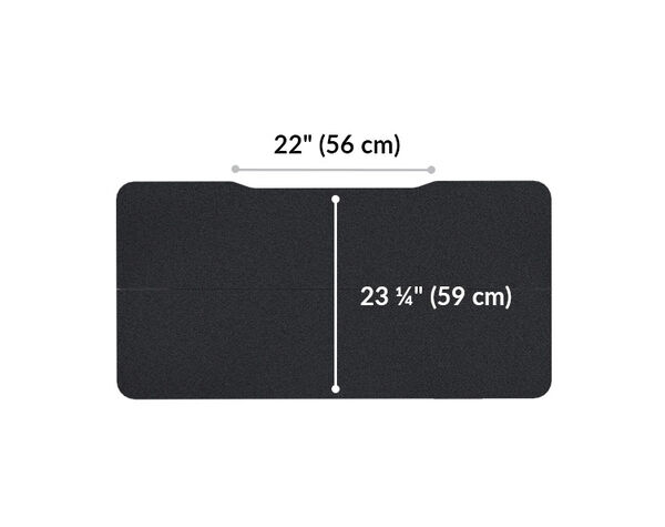 Essential Electric Standing Desk split top in black is 48x24 is 23 and a fourth inches deep. Monitor mount space is 22  inches wide.