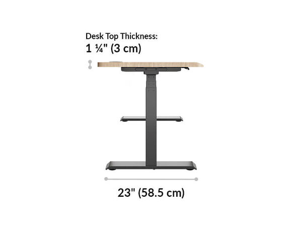 The t-style legs of the Ergo Electric Standing Desk 54x26 have a base of 23 inches