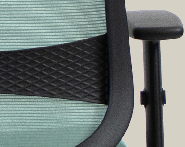 Close-up of Ascent chair lever beneath the seat for reclining or tilt adjustment.