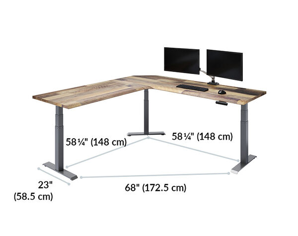 The L-Shape Electric Standing Desk reclaimed wood is 58 inches apart and 68 inches from leg to leg