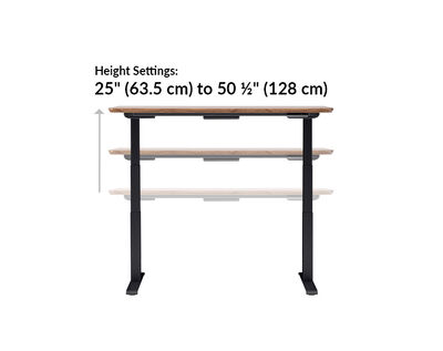 Vari electric standing desk height settings range from 25 to 50 and a half inches