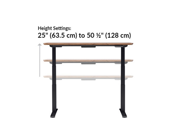 Vari electric standing desk height settings range from 25 to 50 and a half inches