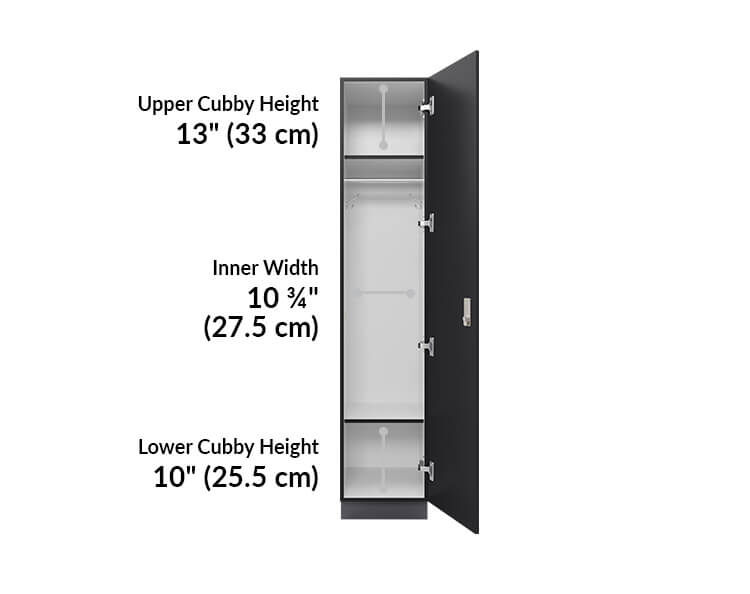 Upper cubby height is 13 inches. Inner width is 10 and 3 quarter inches. Lower cubby height is 10 inches.