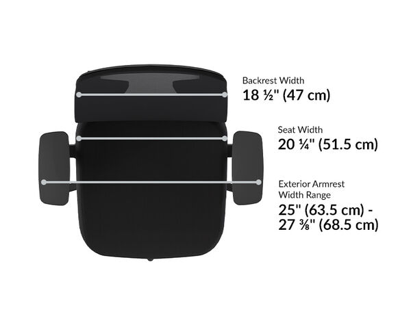 Top-down view of office chair showing backrest width 18½″ (47 cm), seat width 20¼″ (51.5 cm), and exterior armrest width range 25″–27⅞″ (63.5–68.5 cm).