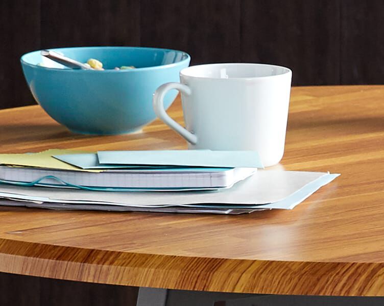 Beveled egde of desk shows off the beautiful grain of study laminate