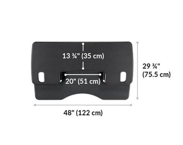 Dimension image shows that the work surface of the desk riser is 48 inches wide and 29 and a half inches deep. Monitor shelf is 13 and a quarter inches deep and the laptop cutout is 20 inces wide