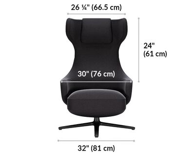 high back lounge chair is 32 inches wide. Seat width is 30 inches and head rest width is 27 and a quarter inches.