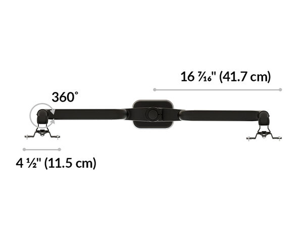 Dual monitor arm crossbar diagram showing width sixteen and seven-sixteenths inches, arm length four and one-half inches, and three hundred sixty degrees of rotation at each mount.