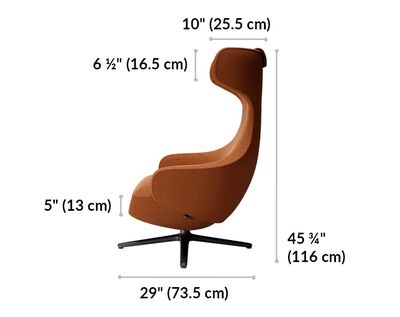 high back lounge chair is 45 and 3 quarter inches tall and 29 inches deep. Seat cushion height is 5 inches and head rest height is 6 and a half inches.