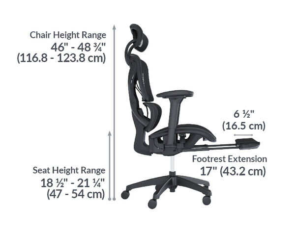 vari task chair adjusts up to 45 and a half inches tall and seat height goes to 17 and a half inches tall