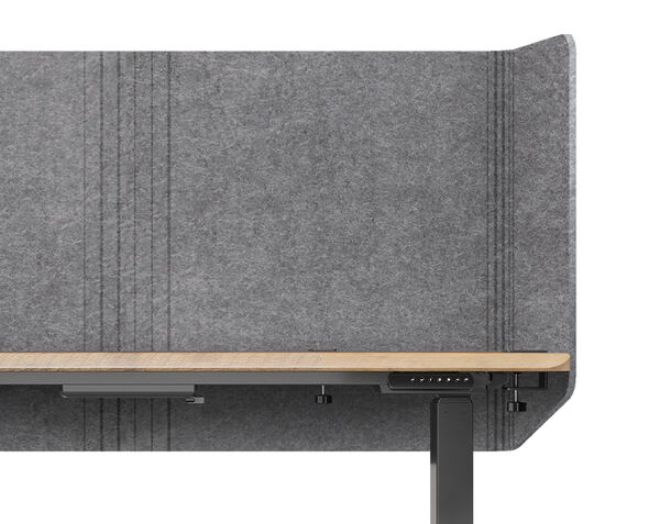 Closeup of felt privacy desk surround attached to a standing desk