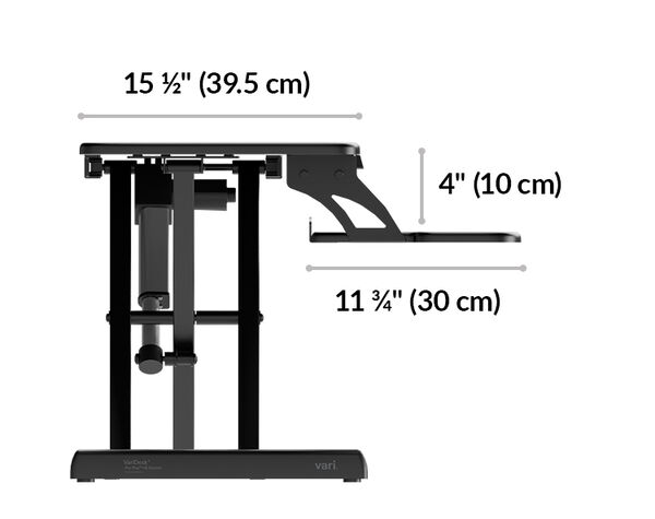 Desk converter side-view diagram showing top shelf depth fifteen and one-half inches, keyboard tray drop four inches, and keyboard tray depth eleven and three-quarters inches.