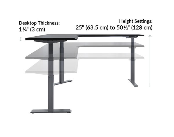 The L-Shape Electric Standing Desk black is 25 to 50 and a half inches high
