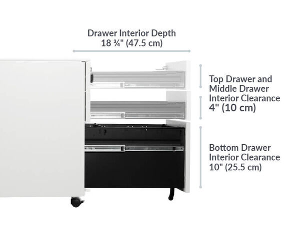 all drawers are 13 inches wide. first two drawers are 5 inches tall and last drawer is 11 inches tall