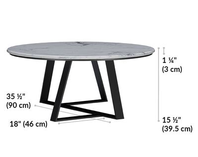 large nesting table is 15 and a half inches tall with a tabletop height of 1 and a quarter inches. Long leg is 35 and a half inches long while short leg is 18 inches long.