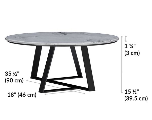 large nesting table is 15 and a half inches tall with a tabletop height of 1 and a quarter inches. Long leg is 35 and a half inches long while short leg is 18 inches long. 