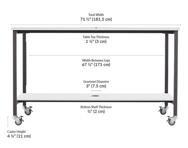 Standing conference table measures 71 1/2 inches long by 67 1/4 inches wide Standing conference table has a total depth of 41 1/4 inches , the depth between legs is 37 1/4, the bottom shelf depth is 28 1/4, the clearance below support bar is 8 and 3/4 inches, and the total height is 43 inches