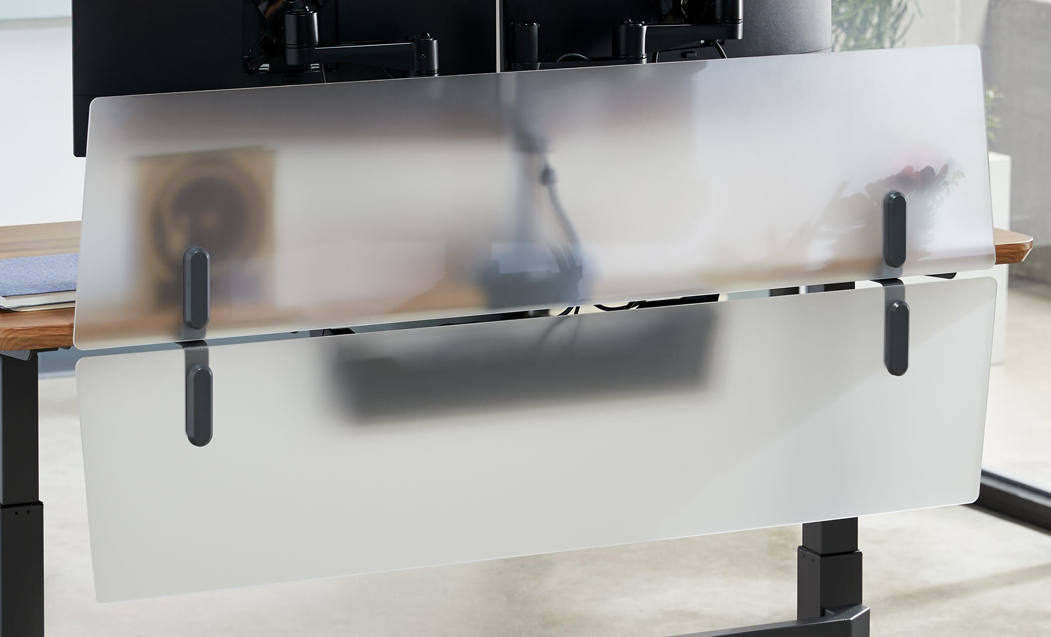 Standing desk with vari acrlyic modesty panels 60
