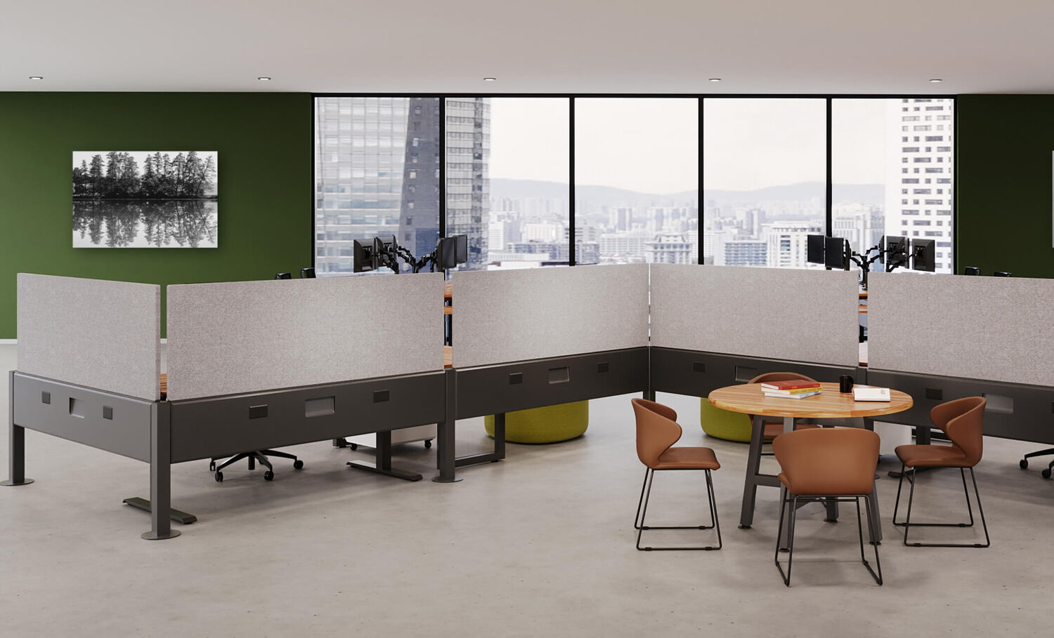 beam privacy panels installed on beams in an office setting