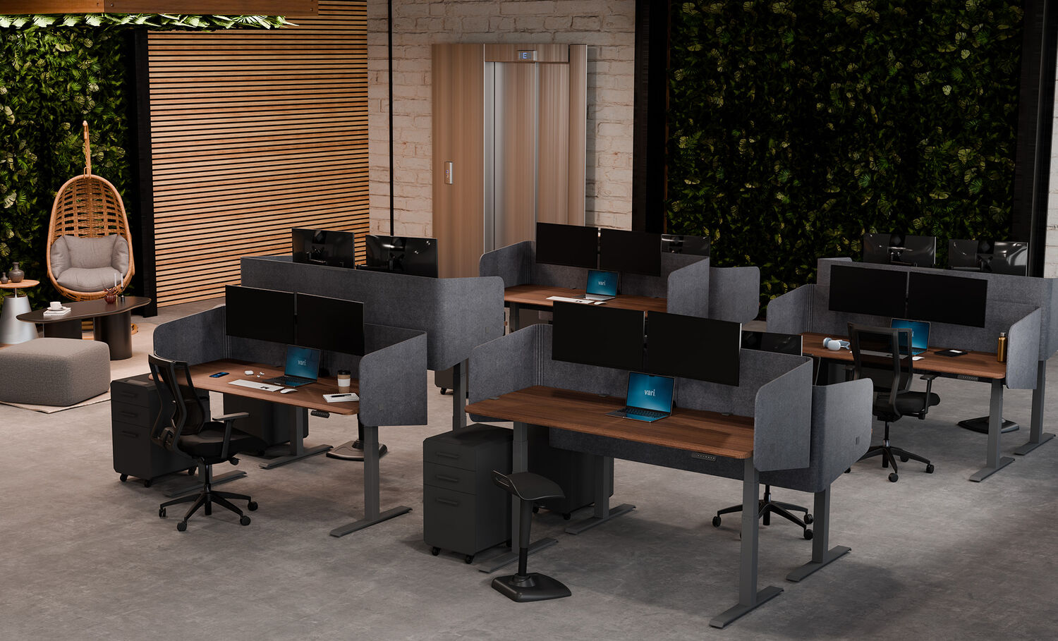 standing desk with privacy panel 72 in a collaborative workspace