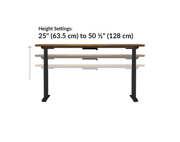 The base of the Electric Standing Desk 72x30 Butcher Block goes from 25.5 inches to 50.5 inches tall