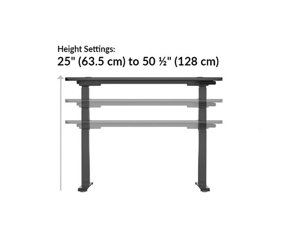 the ergo electric Standing Desk with 54x26 black slate goes from 25 inches to 50.5 inches tall
