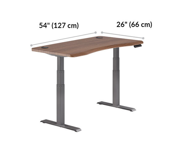 Ergo Electric Standing Desk 54x26 in walnut finish is 54 inches wide.