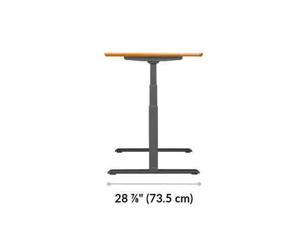 Electric standing desk base is 28 and 7 eighth inches long
