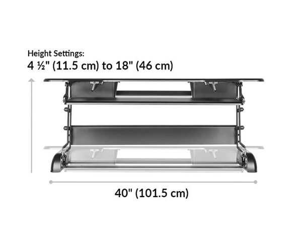 Varidesk Cube Plus 40 height 4 and a half inches or 11 and a half centimeters to 18 inches or 44 and a half centimeters 