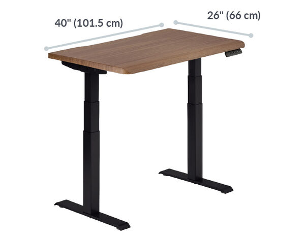 electric standing desk with a walnut top and black legs is forty inches long and twenty six inches deep