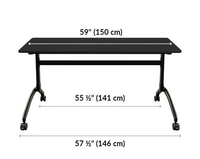 flip top training table 5 foot is 59 inches wide. Leg width is 55 and a half inches and 57 and a half inches.