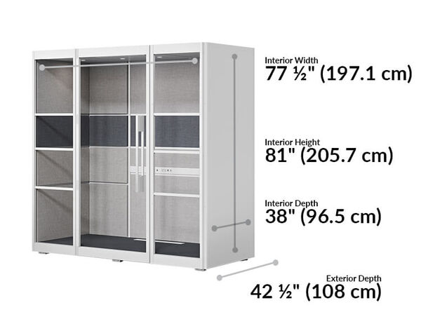 interior width seventy seven and a half inches interior height eighty one inches interior depth thirty eight inches exterior depth forty two and a half inches