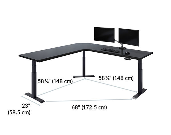 The L-Shape Electric Standing Desk black is 58 inches apart and 68 inches from leg to leg