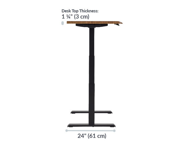 electric standing desk with walnut top and black legs has the leg base of twenty four inches long