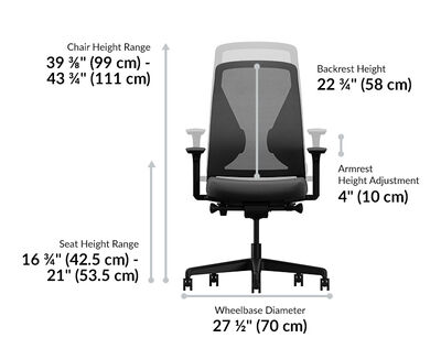 Front view of an ergonomic office chair with labeled dimensions: chair height range 39⅜″–43¾″ (99–111 cm), seat height 16¾″–21″ (42.5–53.5 cm), backrest height 22¾″ (58 cm), armrest adjustment 4″ (10 cm), and wheelbase 27½″ (70 cm).