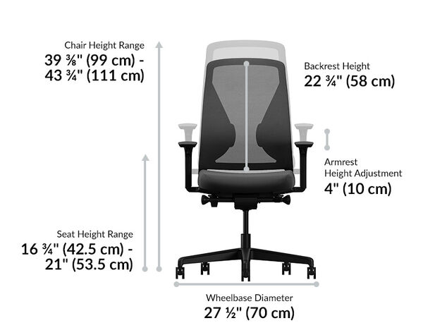 Front view of an ergonomic office chair with labeled dimensions: chair height range 39⅜″–43¾″ (99–111 cm), seat height 16¾″–21″ (42.5–53.5 cm), backrest height 22¾″ (58 cm), armrest adjustment 4″ (10 cm), and wheelbase 27½″ (70 cm).