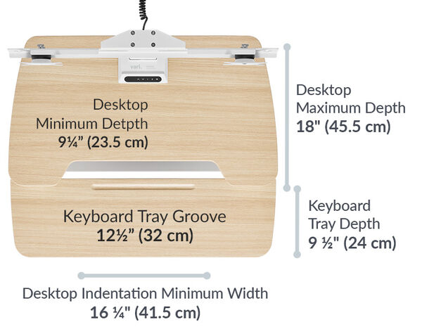 Dimension image shows that the desktop iminmum depth is 9 and a quarter inches deep and the keyboard tray depth is 9 and a half inches deep