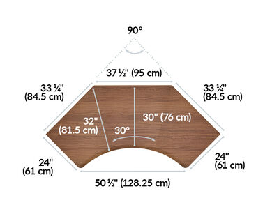 op-down diagram of a corner desk showing dimensions: 50 ½" wide, 30" deep, with angled sides measuring 37 ½" and 33 ¼"; metric conversions included for all measurements.