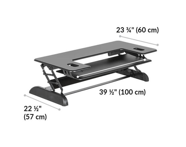 VariDesk Cube Plus 48 base length 22 and a half inches or 57 centimeters. Keyboard deck width 39 and 1 half inches or 100 centimeters. Top deck length 23 and three quarters inches or 60 centimeters.