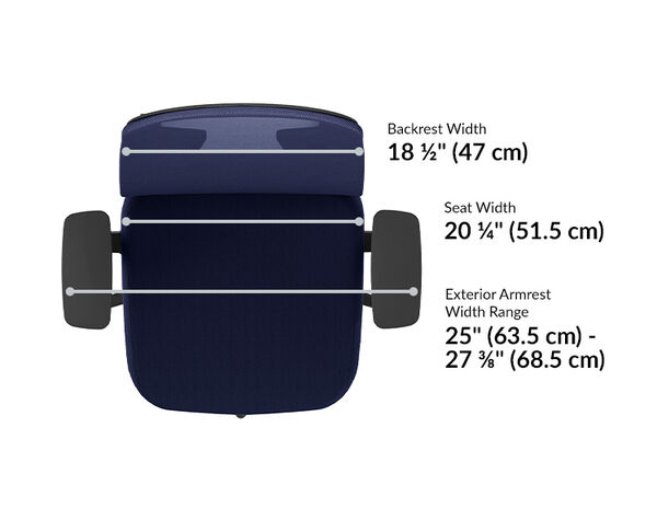 Top-down view of office chair showing backrest width 18½″ (47 cm), seat width 20¼″ (51.5 cm), and exterior armrest width range 25″–27⅞″ (63.5–68.5 cm).