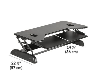 VariDesk Cube Plus 40 base length 22 and a half inches or 57 centimeters. Keyboard deck length 14 and 1 eighth inches or 36 centimeters.